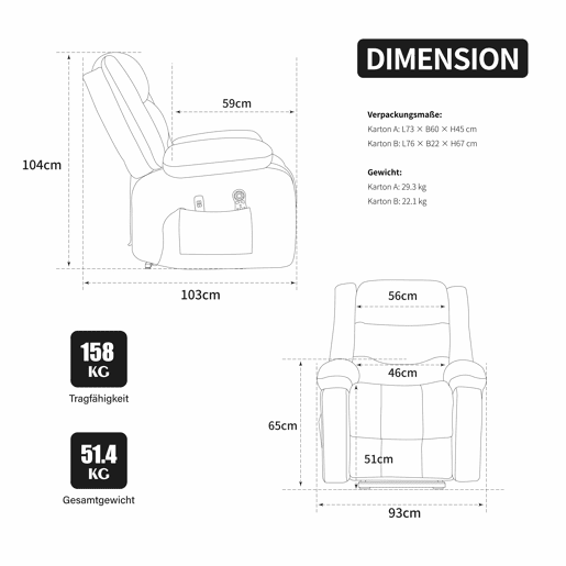 Poltrona relax elétrica - com função de assistência ao levantar, massagem e aquecimento, encosto e apoio para os pés elétricos ajustáveis, bolsos laterais - cáqui claro