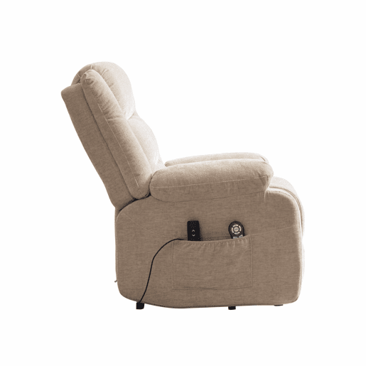 Poltrona relax elétrica - com função de assistência ao levantar, massagem e aquecimento, encosto e apoio para os pés elétricos ajustáveis, bolsos laterais - cáqui claro