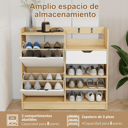 Sapateira pararedor com gaveta, prateleiras abertas, 4 ganchos para 14 pares de sapatos, nases natural e branca Sapateira pararedor com gaveta, prateleiras abertas, 4 ganchos para 14 pares de sapatos, nases natural e branca