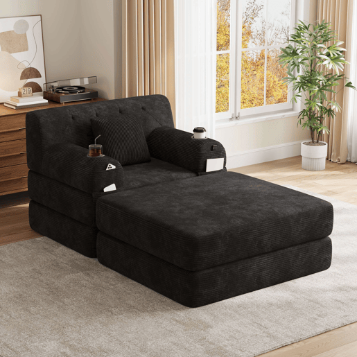 Sofá-cama individual de 1 lugar - poltrona reclinável em veludo com apoio para os pés, encosto alto, estrutura metálica, espuma de alta densidade, porta-copos e bolsos laterais - Preto Sofá-cama individual de 1 lugar - poltrona reclinável em veludo com apoio para os pés, encosto alto, estrutura metálica, espuma de alta densidade, porta-copos e bolsos laterais - Preto