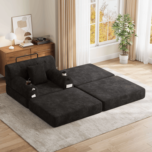 Sofá-cama individual de 1 lugar - poltrona reclinável em veludo com apoio para os pés, encosto alto, estrutura metálica, espuma de alta densidade, porta-copos e bolsos laterais - Preto Sofá-cama individual de 1 lugar - poltrona reclinável em veludo com apoio para os pés, encosto alto, estrutura metálica, espuma de alta densidade, porta-copos e bolsos laterais - Preto
