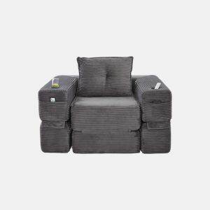 Sofá-cama individual - 1 lugar, assento em espuma de alta densidade e molas ensacadas, bolso lateral e porta-copos, encosto estável, montagem fácil - Cinza escuro
