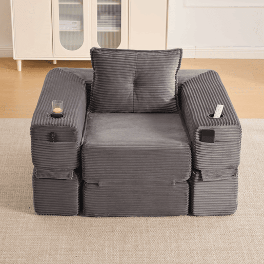Sofá-cama individual - 1 lugar, assento em espuma de alta densidade e molas ensacadas, bolso lateral e porta-copos, encosto estável, montagem fácil - Cinza escuro Sofá-cama individual - 1 lugar, assento em espuma de alta densidade e molas ensacadas, bolso lateral e porta-copos, encosto estável, montagem fácil - Cinza escuro