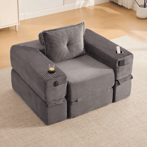 Sofá-cama individual - 1 lugar, assento em espuma de alta densidade e molas ensacadas, bolso lateral e porta-copos, encosto estável, montagem fácil - Cinza escuro Sofá-cama individual - 1 lugar, assento em espuma de alta densidade e molas ensacadas, bolso lateral e porta-copos, encosto estável, montagem fácil - Cinza escuro