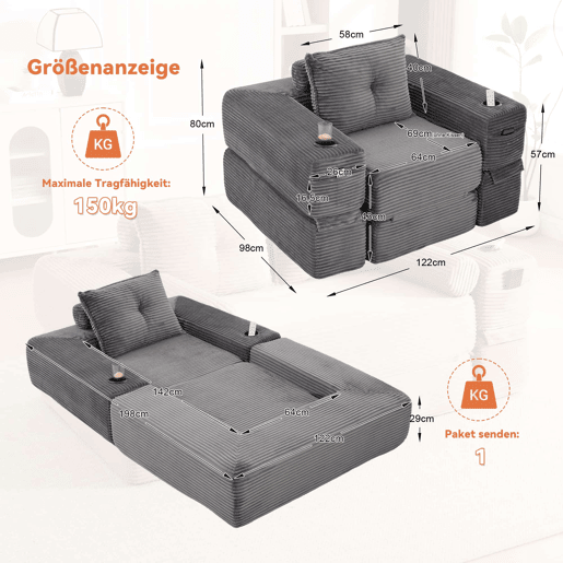 Sofá-cama individual - 1 lugar, assento em espuma de alta densidade e molas ensacadas, bolso lateral e porta-copos, encosto estável, montagem fácil - Cinza escuro Sofá-cama individual - 1 lugar, assento em espuma de alta densidade e molas ensacadas, bolso lateral e porta-copos, encosto estável, montagem fácil - Cinza escuro