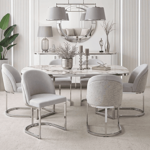 6 cadeiras de jantar modernas u2014 confortáveis e respiráveis, com pernas galvanizadas e estofo em chenille u2014 cinzento claro e prateado 6 cadeiras de jantar modernas u2014 confortáveis e respiráveis, com pernas galvanizadas e estofo em chenille u2014 cinzento claro e prateado