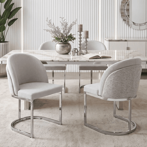 6 cadeiras de jantar modernas u2014 confortáveis e respiráveis, com pernas galvanizadas e estofo em chenille u2014 cinzento claro e prateado 6 cadeiras de jantar modernas u2014 confortáveis e respiráveis, com pernas galvanizadas e estofo em chenille u2014 cinzento claro e prateado