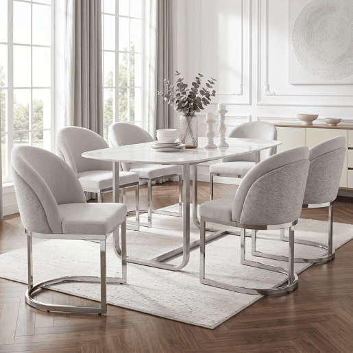 6 cadeiras de jantar modernas u2014 confortáveis e respiráveis, com pernas galvanizadas e estofo em chenille u2014 cinzento claro e prateado 6 cadeiras de jantar modernas u2014 confortáveis e respiráveis, com pernas galvanizadas e estofo em chenille u2014 cinzento claro e prateado
