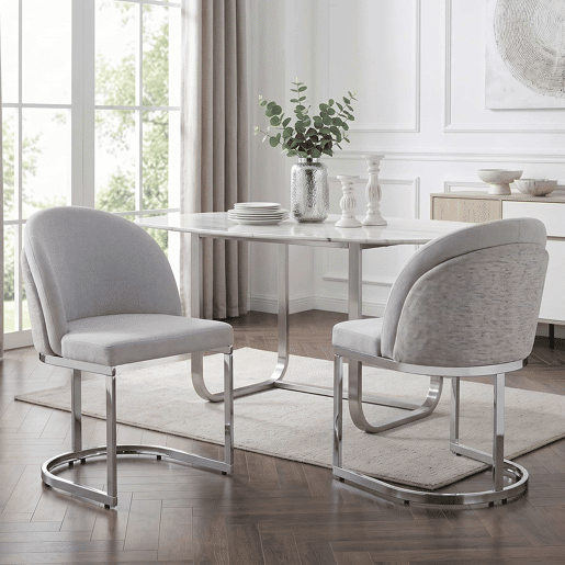 2 cadeiras de jantar - Estilo moderno, estofo respirável em chenille e pernas galvanizadas - Cinza claro e prateado