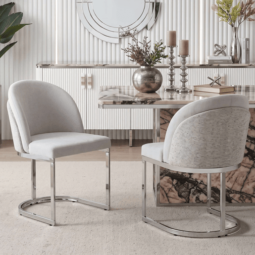 2 cadeiras de jantar - Estilo moderno, estofo respirável em chenille e pernas galvanizadas - Cinza claro e prateado