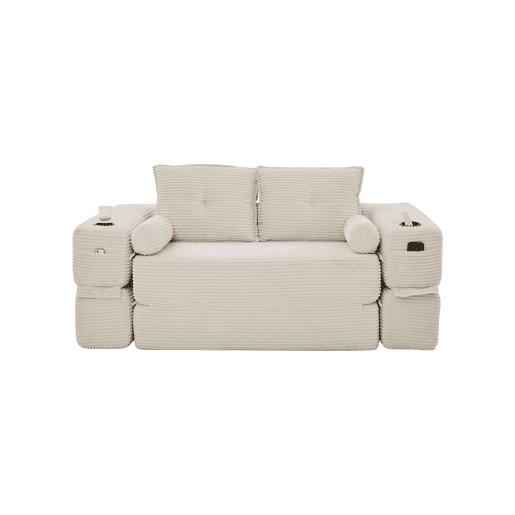 Sofá-cama de 2 lugares - em veludo, com espuma de alta densidade, molas, almofadas Memory, porta-copos e bolsos laterais - Bege Sofá-cama de 2 lugares - em veludo, com espuma de alta densidade, molas, almofadas Memory, porta-copos e bolsos laterais - Bege