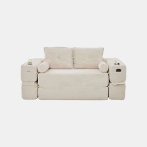 Sofá-cama de 2 lugares - em veludo, com espuma de alta densidade, molas, almofadas Memory, porta-copos e bolsos laterais - Bege