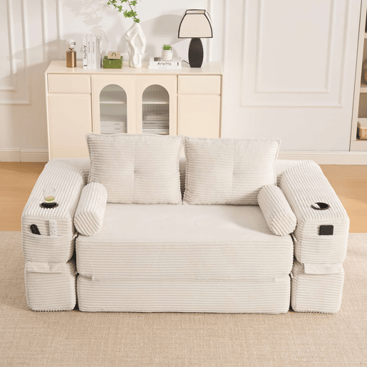Sofá-cama de 2 lugares - em veludo, com espuma de alta densidade, molas, almofadas Memory, porta-copos e bolsos laterais - Bege Sofá-cama de 2 lugares - em veludo, com espuma de alta densidade, molas, almofadas Memory, porta-copos e bolsos laterais - Bege