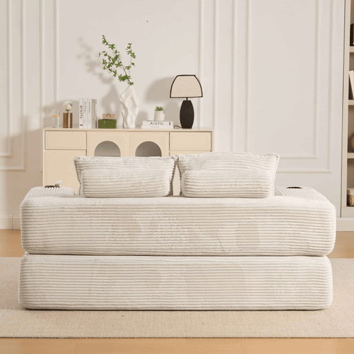 Sofá-cama de 2 lugares - em veludo, com espuma de alta densidade, molas, almofadas Memory, porta-copos e bolsos laterais - Bege Sofá-cama de 2 lugares - em veludo, com espuma de alta densidade, molas, almofadas Memory, porta-copos e bolsos laterais - Bege