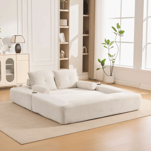Sofá-cama de 2 lugares - em veludo, com espuma de alta densidade, molas, almofadas Memory, porta-copos e bolsos laterais - Bege Sofá-cama de 2 lugares - em veludo, com espuma de alta densidade, molas, almofadas Memory, porta-copos e bolsos laterais - Bege