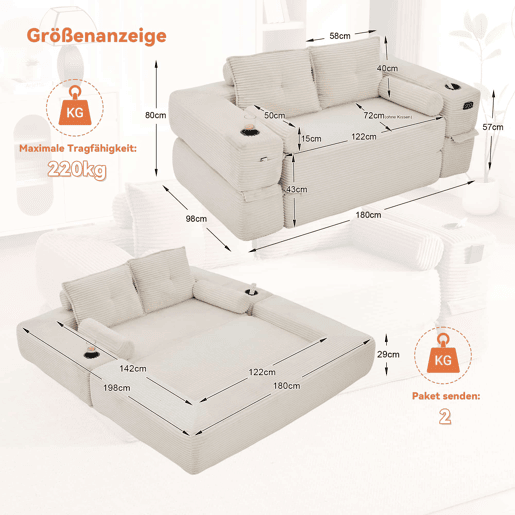 Sofá-cama de 2 lugares - em veludo, com espuma de alta densidade, molas, almofadas Memory, porta-copos e bolsos laterais - Bege Sofá-cama de 2 lugares - em veludo, com espuma de alta densidade, molas, almofadas Memory, porta-copos e bolsos laterais - Bege