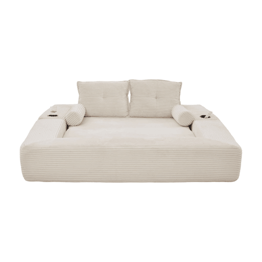 Sofá-cama de 2 lugares - em veludo, com espuma de alta densidade, molas, almofadas Memory, porta-copos e bolsos laterais - Bege Sofá-cama de 2 lugares - em veludo, com espuma de alta densidade, molas, almofadas Memory, porta-copos e bolsos laterais - Bege