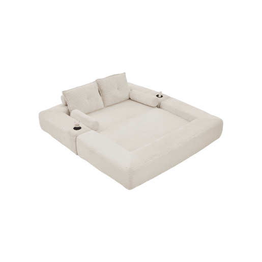 Sofá-cama de 2 lugares - em veludo, com espuma de alta densidade, molas, almofadas Memory, porta-copos e bolsos laterais - Bege Sofá-cama de 2 lugares - em veludo, com espuma de alta densidade, molas, almofadas Memory, porta-copos e bolsos laterais - Bege