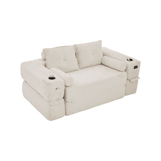 Sofá-cama de 2 lugares - em veludo, com espuma de alta densidade, molas, almofadas Memory, porta-copos e bolsos laterais - Bege Sofá-cama de 2 lugares - em veludo, com espuma de alta densidade, molas, almofadas Memory, porta-copos e bolsos laterais - Bege