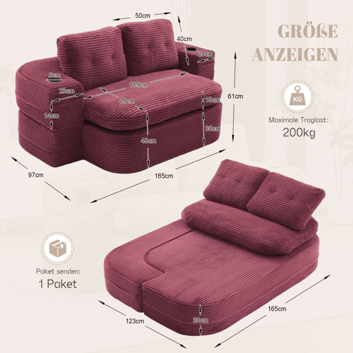 Poltrona-cama 2 em 1 em veludo - função reclinável, sofá com enchimento de espuma comprimida, braços ajustáveis, 2 porta-copos, encosto alto e assento extra profundo - vermelho vinho Poltrona-cama 2 em 1 em veludo - função reclinável, sofá com enchimento de espuma comprimida, braços ajustáveis, 2 porta-copos, encosto alto e assento extra profundo - vermelho vinho