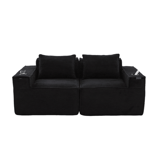 Sofá modular de 2 lugares - encosto com molas ensacadas, espuma de alta densidade, porta-copos e bolsos laterais, não montado - Preto Sofá modular de 2 lugares - encosto com molas ensacadas, espuma de alta densidade, porta-copos e bolsos laterais, não montado - Preto