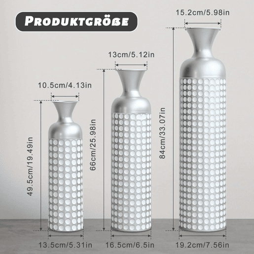Vasos de chão metálicos 49,56684 cm - Conjunto de 3 peças com acabamento brilhante e padrão de pontos, para flores secas e ervas da pampa - Prateado Vasos de chão metálicos 49,56684 cm - Conjunto de 3 peças com acabamento brilhante e padrão de pontos, para flores secas e ervas da pampa - Prateado