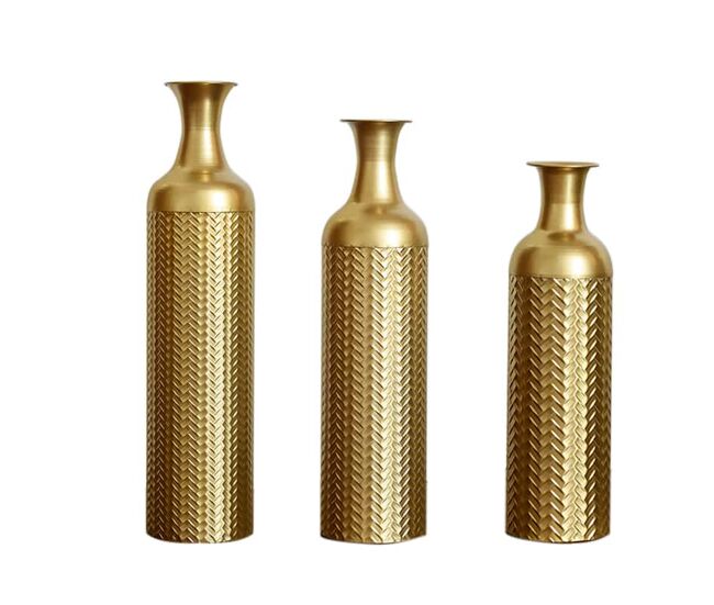 Jarrones de suelo 3 piezas 50/66/83 cm - vaso decorativo de metal con patrón texturizado para plantas, diseño vintage - dorado