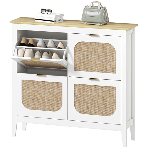 Sapateira estreita com 4 portas de rattan, prateleiras ajustáveis para 20 pares de sapatos, 105x24x95,5 cm, branca