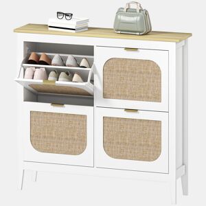 Sapateira estreita com 4 portas de rattan, prateleiras ajustáveis para 20 pares de sapatos, 105x24x95,5 cm, branca