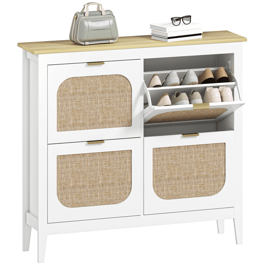 Sapateira estreita com 4 portas de rattan, prateleiras ajustáveis para 20 pares de sapatos, 105x24x95,5 cm, branca