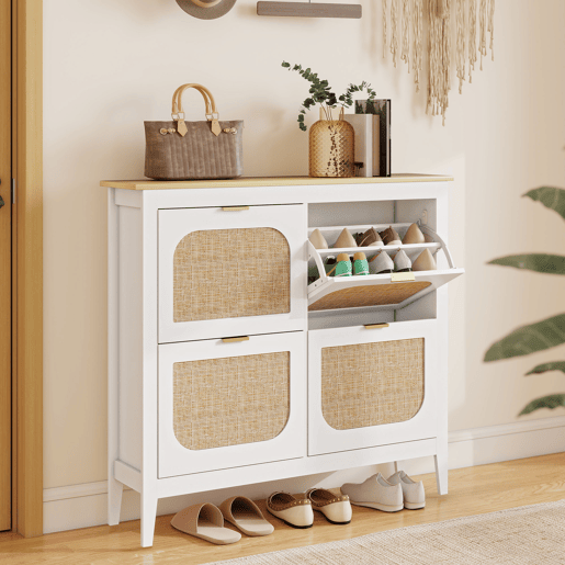 Sapateira estreita com 4 portas de rattan, prateleiras ajustáveis para 20 pares de sapatos, 105x24x95,5 cm, branca
