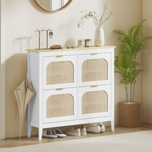 Sapateira estreita com 4 portas de rattan, prateleiras ajustáveis para 20 pares de sapatos, 105x24x95,5 cm, branca