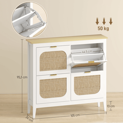 Sapateira estreita com 4 portas de rattan, prateleiras ajustáveis para 20 pares de sapatos, 105x24x95,5 cm, branca
