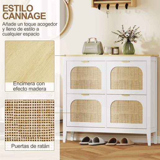 Sapateira estreita com 4 portas de rattan, prateleiras ajustáveis para 20 pares de sapatos, 105x24x95,5 cm, branca
