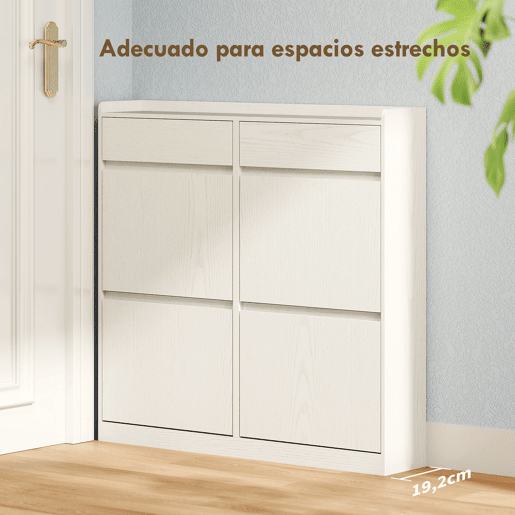 Sapateira estreita com 2 gavetas, 4 compartimentos basculantes e tampo, 98x19,2x95,3 cm, acabamento em madeira branca Sapateira estreita com 2 gavetas, 4 compartimentos basculantes e tampo, 98x19,2x95,3 cm, acabamento em madeira branca