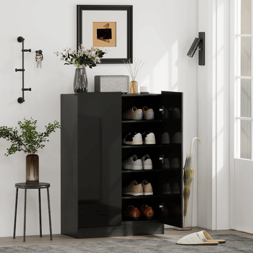 Sapateira de entrada com 2 portas de fechamento suave e prateleiras ajustáveis para 20 pares de sapatos, preto brilhante Sapateira de entrada com 2 portas de fechamento suave e prateleiras ajustáveis para 20 pares de sapatos, preto brilhante