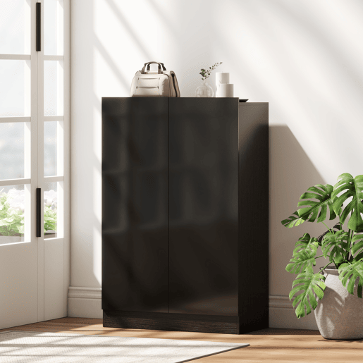 Sapateira de entrada com 2 portas de fechamento suave e prateleiras ajustáveis para 20 pares de sapatos, preto brilhante Sapateira de entrada com 2 portas de fechamento suave e prateleiras ajustáveis para 20 pares de sapatos, preto brilhante
