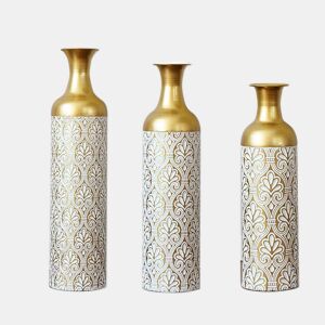 Vasos de chão, conjunto de 3 peças, 506683 cm - Decorativos em metal com padrão floral, estilo vintage para a sala de estar, hall de entrada e escritório - Dourado e branco