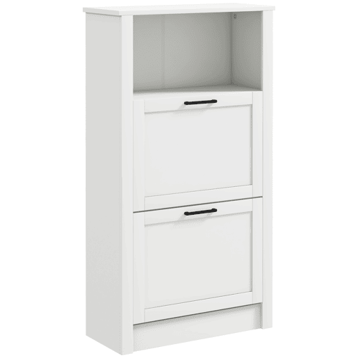 Sapateira estreita com 2 portas, prateleiras ajustáveis e compartimento aberto para 10 pares de sapatos, 58x24x105 cm, branca Sapateira estreita com 2 portas, prateleiras ajustáveis e compartimento aberto para 10 pares de sapatos, 58x24x105 cm, branca