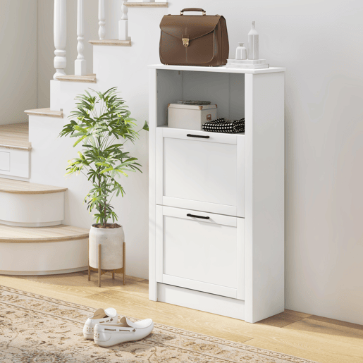 Sapateira estreita com 2 portas, prateleiras ajustáveis e compartimento aberto para 10 pares de sapatos, 58x24x105 cm, branca Sapateira estreita com 2 portas, prateleiras ajustáveis e compartimento aberto para 10 pares de sapatos, 58x24x105 cm, branca