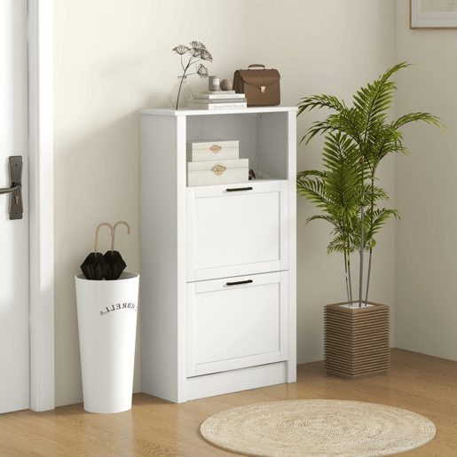 Sapateira estreita com 2 portas, prateleiras ajustáveis e compartimento aberto para 10 pares de sapatos, 58x24x105 cm, branca Sapateira estreita com 2 portas, prateleiras ajustáveis e compartimento aberto para 10 pares de sapatos, 58x24x105 cm, branca