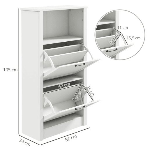 Sapateira estreita com 2 portas, prateleiras ajustáveis e compartimento aberto para 10 pares de sapatos, 58x24x105 cm, branca Sapateira estreita com 2 portas, prateleiras ajustáveis e compartimento aberto para 10 pares de sapatos, 58x24x105 cm, branca