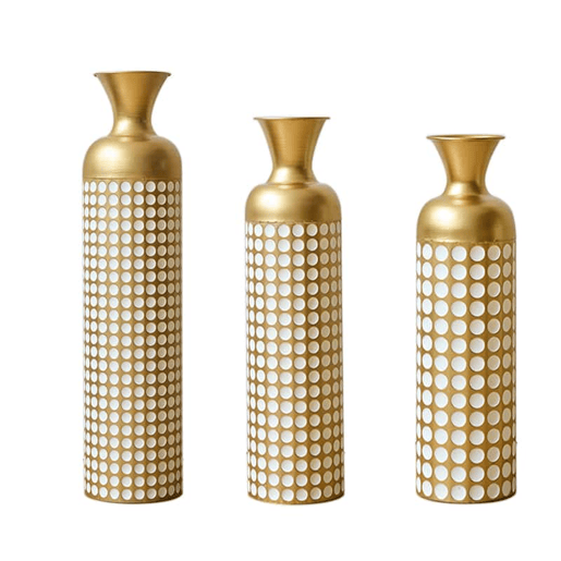 Conjunto de 3 vasos de chão (506683 cm) - Metal com padrão de pontos brancos, design elegante para flores secas e ervas da pampa - Bronze antigo e branco Conjunto de 3 vasos de chão (506683 cm) - Metal com padrão de pontos brancos, design elegante para flores secas e ervas da pampa - Bronze antigo e branco