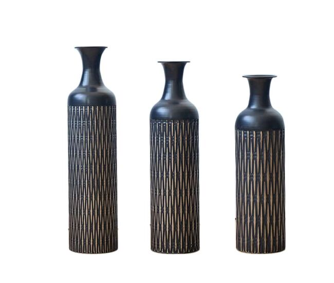 Set de jarrones de suelo de metal 3 piezas - jarrones altos con diseño de ranuras verticales para flores secas y decoración - negro