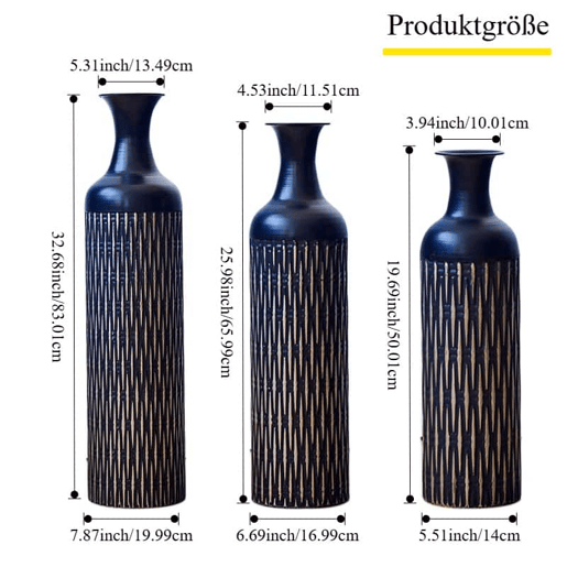 Conjunto de 3 vasos de chão em metal - vasos altos com design de ranhuras verticais para flores secas e decoração - preto Conjunto de 3 vasos de chão em metal - vasos altos com design de ranhuras verticais para flores secas e decoração - preto