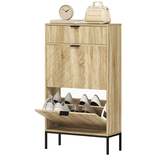 Sapateira estreita com 2 portas, gaveta e prateleiras ajustáveis para 8 pares de sapatos, 60x24x105,5 cm, carvalho Sapateira estreita com 2 portas, gaveta e prateleiras ajustáveis para 8 pares de sapatos, 60x24x105,5 cm, carvalho