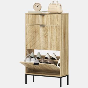Sapateira estreita com 2 portas, gaveta e prateleiras ajustáveis para 8 pares de sapatos, 60x24x105,5 cm, carvalho