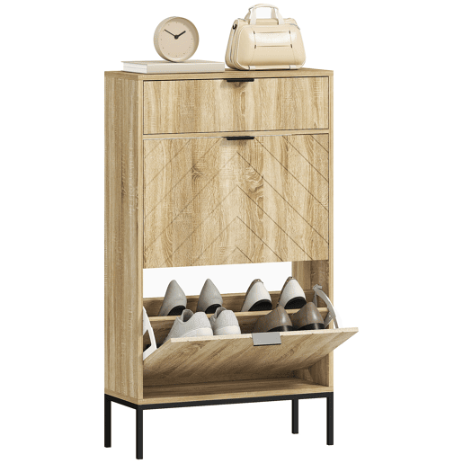 Sapateira estreita com 2 portas, gaveta e prateleiras ajustáveis para 8 pares de sapatos, 60x24x105,5 cm, carvalho Sapateira estreita com 2 portas, gaveta e prateleiras ajustáveis para 8 pares de sapatos, 60x24x105,5 cm, carvalho