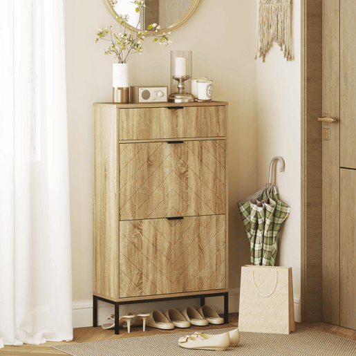 Sapateira estreita com 2 portas, gaveta e prateleiras ajustáveis para 8 pares de sapatos, 60x24x105,5 cm, carvalho Sapateira estreita com 2 portas, gaveta e prateleiras ajustáveis para 8 pares de sapatos, 60x24x105,5 cm, carvalho