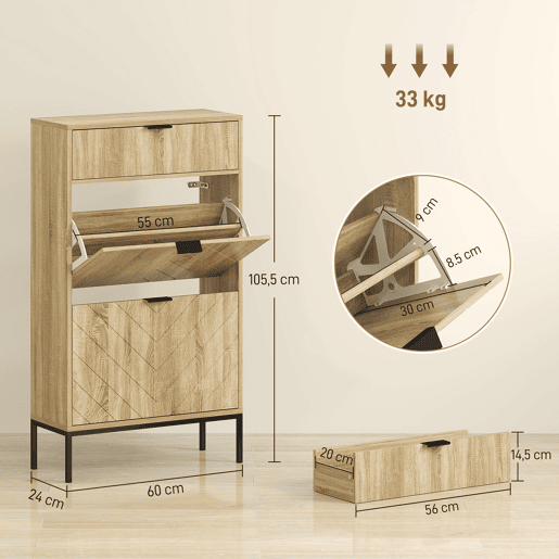 Sapateira estreita com 2 portas, gaveta e prateleiras ajustáveis para 8 pares de sapatos, 60x24x105,5 cm, carvalho Sapateira estreita com 2 portas, gaveta e prateleiras ajustáveis para 8 pares de sapatos, 60x24x105,5 cm, carvalho